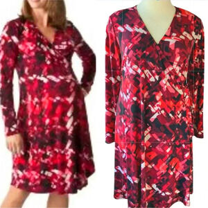 Liz Lange Maternity Long Sleeves Jersey Wrap Dress Size XL Red Black Abstract